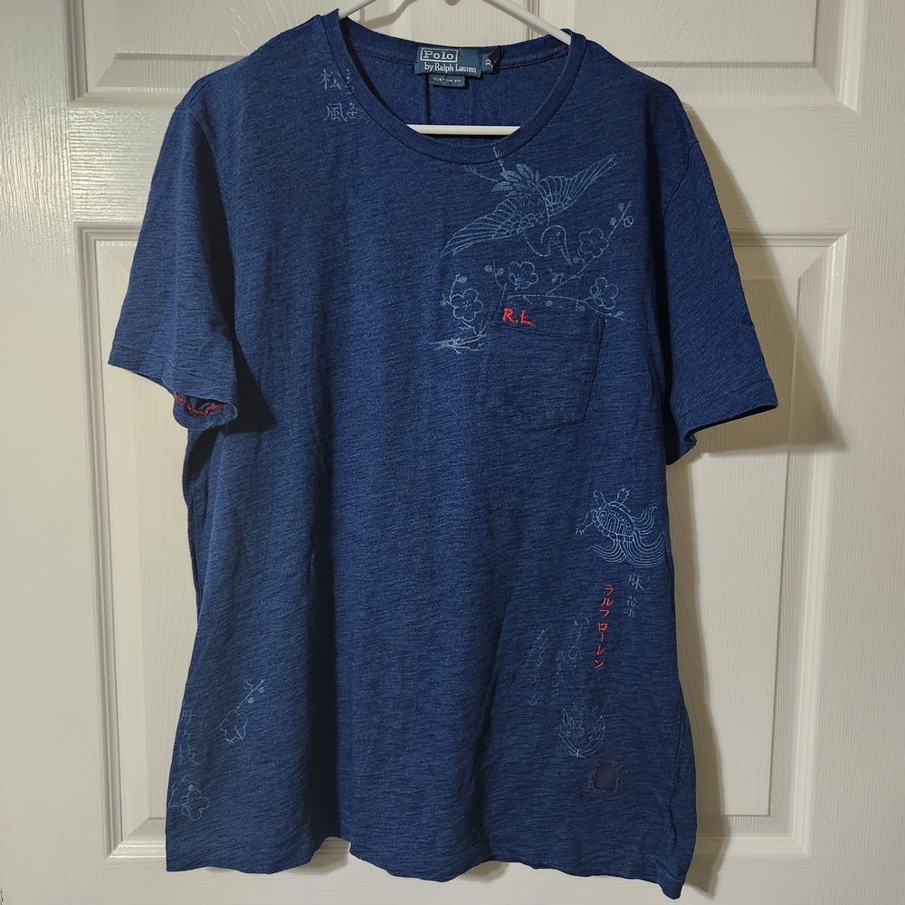 Polo Ralph Lauren Indigo Blue Dyed Oriental Print Embroidered Tee, Mens XL